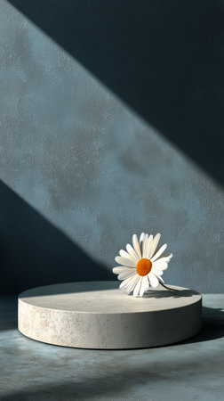 A single daisy with a yellow center rests on a circular pedestal in a minimalist, modern setting. The bright blue background enhances the flowers vibrant colors.の素材