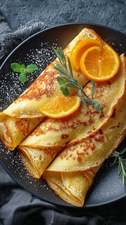 Soft and golden crepes are elegantly arranged on a dark plate, garnished with fresh orange slices and mint leaves for a refreshing touch.の素材
