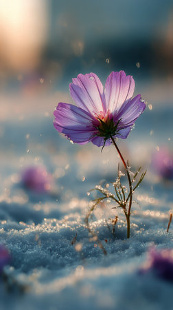 A delicate purple flower rises above a snowy landscape, embodying resilience in the harsh winter environment as soft snowflakes gently fall around it.の素材