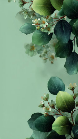 Vibrant green leaves elegantly cascade across a soft, pastel background. The artwork captures the serenity of nature, blending colors to evoke a calm atmosphere.の素材