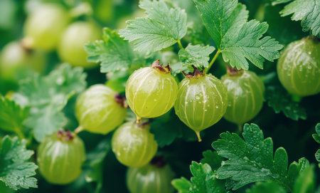 A cluster of ripe green gooseberries hangs from a lush branch, bathed in soft sunlight on a peaceful spring afternoon, highlighting their vibrant color.の素材