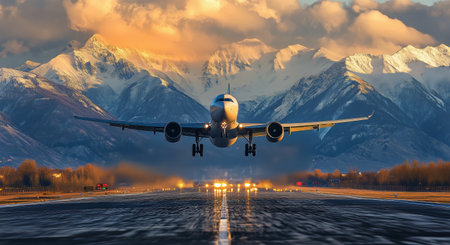 An airplane approaches for landing on a runway surrounded by majestic mountains illuminated by the sunset. The sky is vibrant with colors, creating a beautiful backdrop.の素材