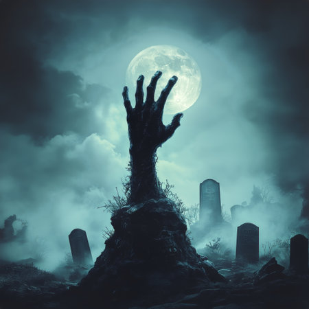 A gnarled hand reaches out from the ground in a spooky graveyard, lit by the glow of a full moon surrounded by fog, creating a chilling and mysterious atmosphere.の素材