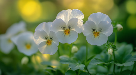 Delicate white pansy flowers with bright yellow centers flourish in a lush green garden, capturing the essence of spring and natures beauty in full bloom.の素材