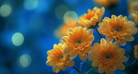 Vibrant yellow flowers catch the eye with their full petals, creating a cheerful atmosphere against a beautiful blue background in a garden.の素材