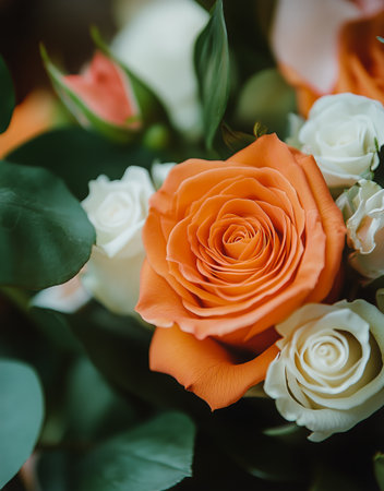 A stunning orange rose blooms prominently among delicate white roses and green foliage, creating a vibrant display of color and texture. Natures beauty shines brightly.の素材