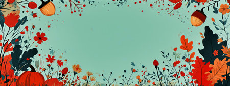 Vibrant autumn leaves and berries create a colorful border, perfect for seasonal decorations or designs. The soft background enhances the rich hues of red, orange, and green.の素材