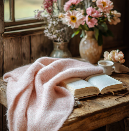 A serene setting features an open book on a wooden table, adorned with a soft pink blanket. Fresh flowers in a vase and a cup of coffee enhance the cozy atmosphere.の素材