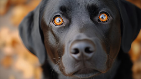 A black dog stands attentively, its amber eyes conveying curiosity and warmth. The background features fallen leaves, hinting at a crisp autumn atmosphere.の素材