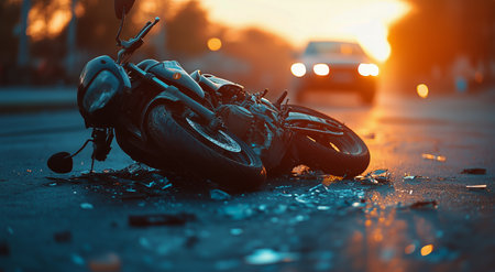 A motorcycle lies on its side, surrounded by shattered glass on the road during sunset. A car approaches in the background, highlighting the aftermath of an accident.の素材