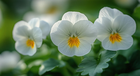 Delicate white pansy flowers with bright yellow centers flourish in a lush green garden, capturing the essence of spring and natures beauty in full bloom.の素材