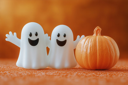 Two happy ghost figures stand beside a small orange pumpkin, embodying the playful spirit of Halloween. Bright colors enhance the cheerful mood of the decor.の素材