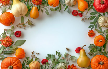 Bright orange pumpkins, green pears, and vibrant oranges are artistically arranged with green foliage on a white surface, celebrating the beauty of autumn harvest.の素材