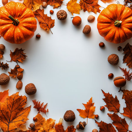 Two vibrant pumpkins are positioned amidst an array of orange and brown leaves, along with various nuts scattered on a white surface, creating a festive autumn display.の素材