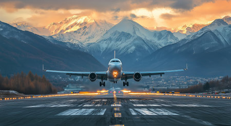 An airplane approaches the runway for landing during sunset, illuminated by the warm glow of the evening light against the majestic mountains.の素材