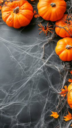 Bright orange pumpkins are arranged with delicate spider webs and scattered autumn leaves, creating a festive Halloween atmosphere. The seasonal elements evoke a cozy, spooky setting.の素材