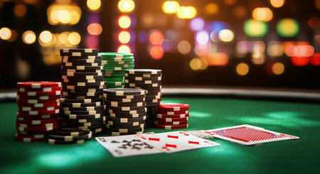 Players focus intently as chips are stacked on a green table, with cards showing in a lively casino atmosphere filled with colorful lights.の素材