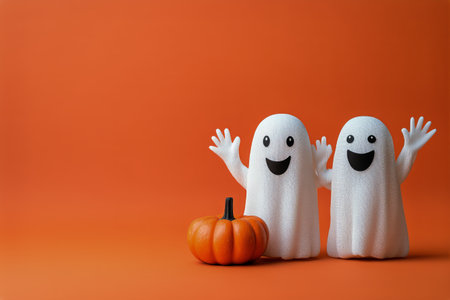 Two happy ghost figures stand beside a small orange pumpkin, embodying the playful spirit of Halloween. Bright colors enhance the cheerful mood of the decor.の素材