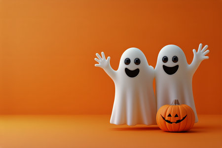 Two joyful ghost decorations with smiling faces stand beside a carved pumpkin. The warm orange background enhances the festive Halloween spirit, creating a cheerful atmosphere.の素材