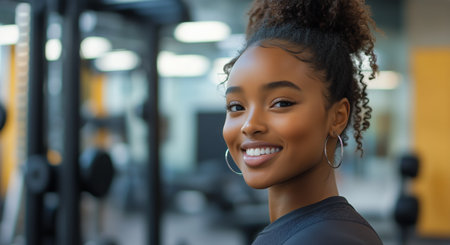 A young woman with curly hair smiles while standing in a gym, surrounded by exercise equipment. The atmosphere is bright and inviting, highlighting her enthusiasm for fitness.の素材