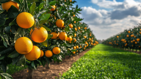 Rows of lush orange trees are heavy with ripe oranges under a bright blue sky. The sun casts shadows on the vibrant green grass, creating a picturesque orchard setting.の素材
