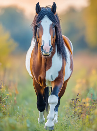 A miniature pony runs energetically along a grassy path, showing its lively spirit against a backdrop of soft evening light and serene countryside.の素材