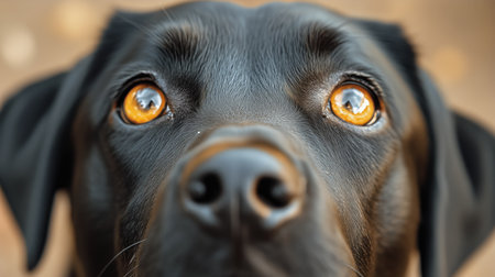 A black dog looks intently at the camera, showing its shiny fur and vibrant golden eyes.の素材