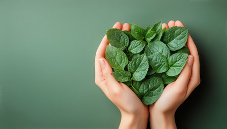 Two hands gently cradle a collection of fresh green leaves against a muted green background, showing a connection with nature and the importance of plants.の素材
