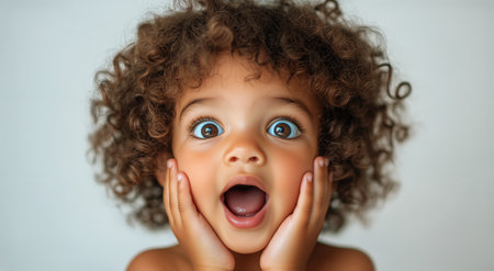 A young child with curly hair holds their face in astonishment, showcasing large expressive eyes and a joyful expression. The background is plain and unobtrusive.の素材