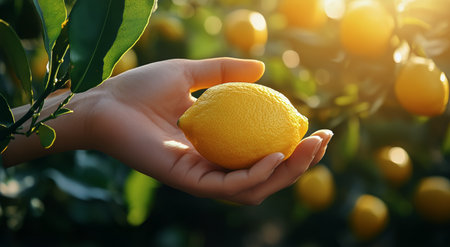 A hand is gently holding a ripe lemon while surrounded by lush green leaves and multiple lemons on trees under warm sunlight in a citrus orchard.の素材