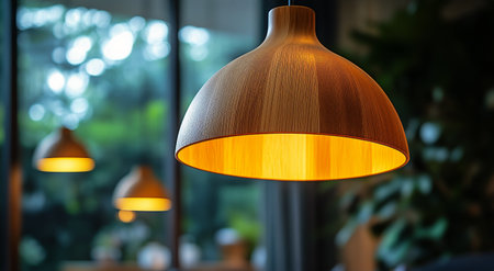 Pendant lamps made of wood provide a warm glow in a cozy interior, enhancing the natural beauty of the surroundings and creating a welcoming atmosphere.の素材
