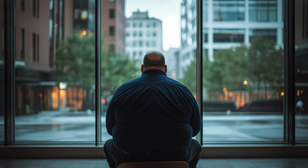 Individual seated indoors looks out at a modern city landscape filled with tall buildings and overcast skies, creating a reflective atmosphere, with city lights starting to illuminate.の素材