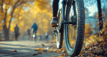 Cyclists ride through a picturesque park adorned with autumn foliage as the sunlight filters through the trees, creating a warm atmosphere.の素材