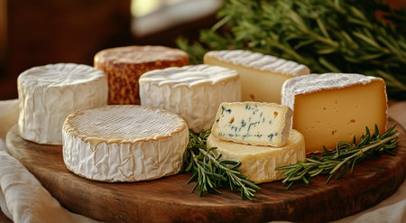 A wooden board displays a selection of gourmet cheeses, featuring soft and hard varieties, garnished with fresh herbs. Ideal for a casual gathering or fine dining experience.の素材