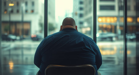 A man with a bald head sits in a chair, gazing out of a large glass window at a busy city street filled with cars and rain droplets.の素材
