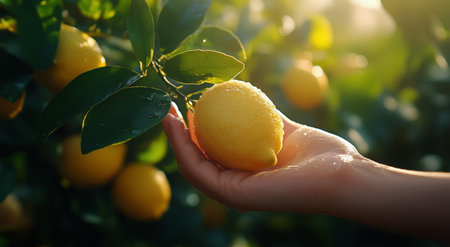 A hand gently holds a ripe lemon surrounded by green leaves in a sunlit orchard. The scene captures the freshness of the harvest during a warm afternoon.の素材