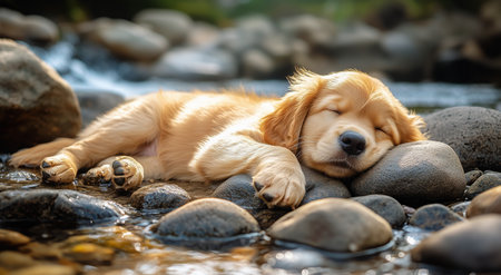 A young golden retriever puppy is napping on a bed of smooth stones by a gentle river. The sunlight filters through the trees, illuminating its relaxed face.の素材