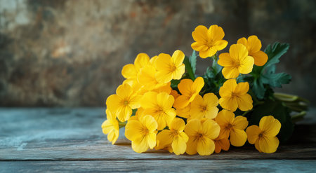 A cluster of bright yellow flowers rests on a rustic wooden surface, showing their vibrant color against a textured, neutral background.の素材