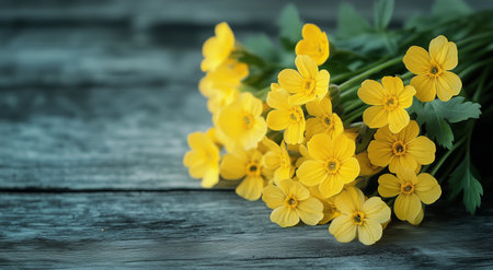 Freshly picked yellow wildflowers are arranged elegantly on a textured wooden surface, showing their bright petals and green leaves in natural light.の素材