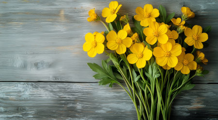 Freshly picked yellow wildflowers are arranged elegantly on a textured wooden surface, showing their bright petals and green leaves in natural light.の素材