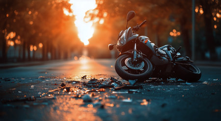 A damaged motorcycle lies on its side on a city street as the sun sets, casting an orange glow. Shattered glass and debris are spread across the roadway, suggesting a recent accident.の素材