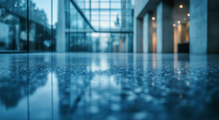 Reflections of ambient light dance on the polished flooring in a spacious architecture building. Glass walls invite natural light inside, creating an airy atmosphere.の素材