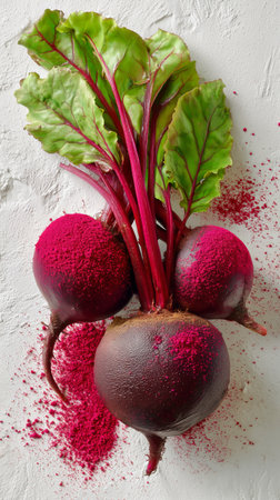 Three whole red beets with leafy greens sit on a white surface. Bright beetroot powder is sprinkled around them, highlighting their rich color and texture.の素材