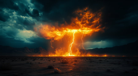 A vibrant lightning bolt strikes the ground amid ominous dark clouds. The dramatic lighting creates an intense atmosphere over the rugged landscape during a storm.の素材