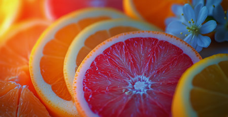 Vibrant slices of oranges and grapefruits are displayed together, showing fresh colors and textures under natural lighting, creating an inviting and refreshing look.の素材
