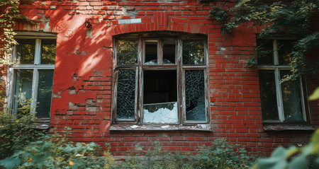 A dilapidated red brick building features cracked windows and neglect. Overgrown plants frame the exterior as sunlight filters through the surrounding greenery, emphasizing decay.の素材