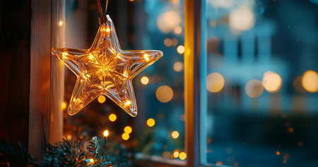 A clear star shaped ornament glows with warm lights, creating a cozy atmosphere near a window during a winter evening. Softly blurred lights add to the holiday spirit.の素材
