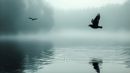 Two birds glide through a foggy morning sky above a calm lake. Ripples break the glassy surface as the sun begins to rise, illuminating the tranquil landscape.の素材