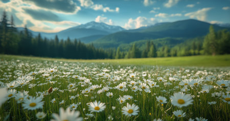 Daisies cover a wide meadow, surrounded by lush green trees and mountains. The bright blue sky enhances the beauty of the tranquil landscape during late afternoon.の素材