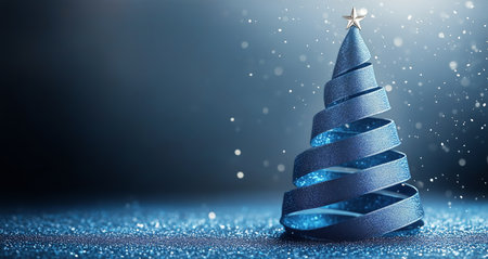 A blue ribbon Christmas tree stands elegantly on a shimmering surface, capturing the essence of festive joy with twinkling lights and a star atop, perfect for holiday celebrations.の素材